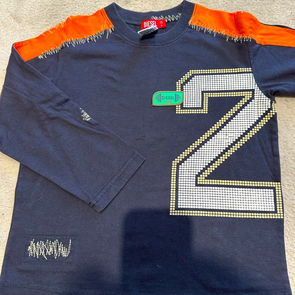 Boys Designer DIESEL Shirt Top Textured Embroidered Navy Orange Cream Size 4-6